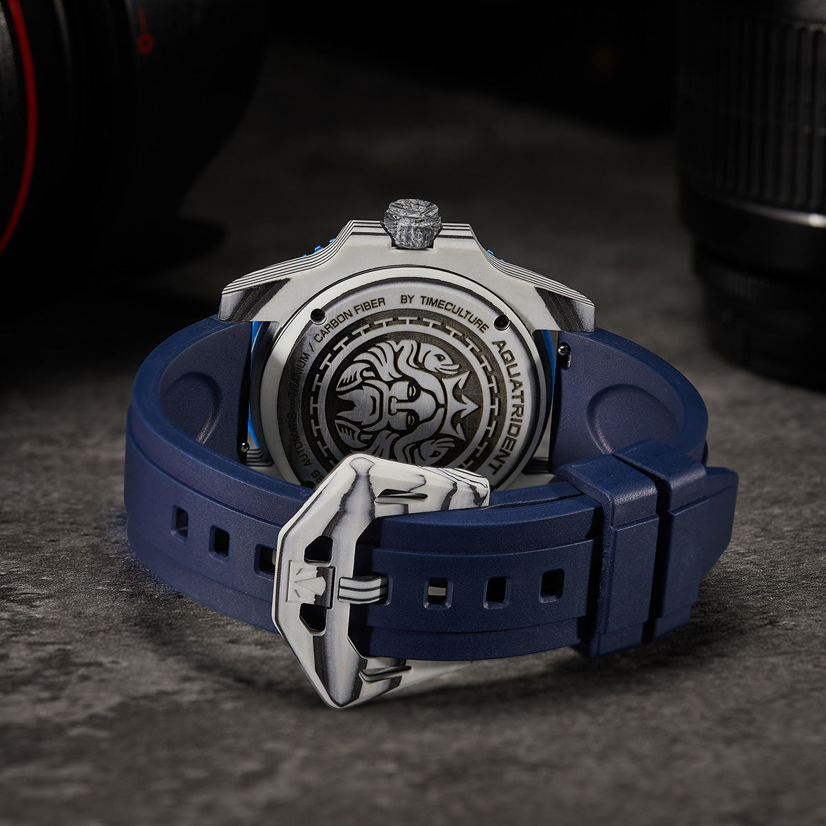 Neptune Carbon Fiber Watch, Dark blue dial, White bezel/ Blue Strap With Fluororubber, 40mm, AQ-23009-08