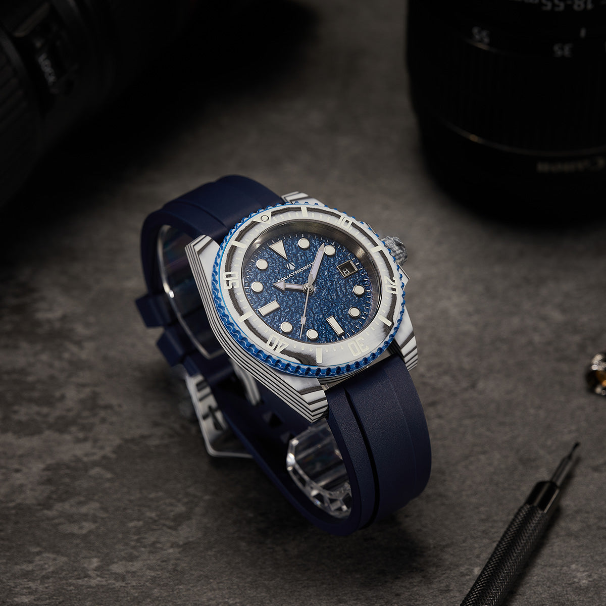 Neptune Carbon Fiber Watch, Dark blue dial, White bezel/ Blue Strap With Fluororubber, 40mm, AQ-23009-08