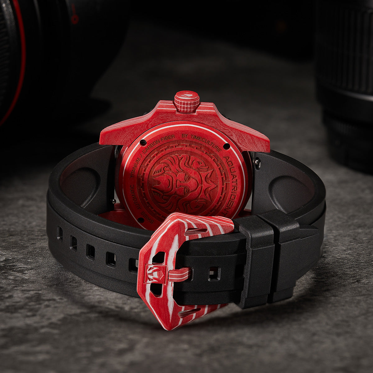 Neptune Carbon Fiber Watch, Black dial, red bezel/ Black Strap With Fluororubber, 40mm, AQ-23009-09