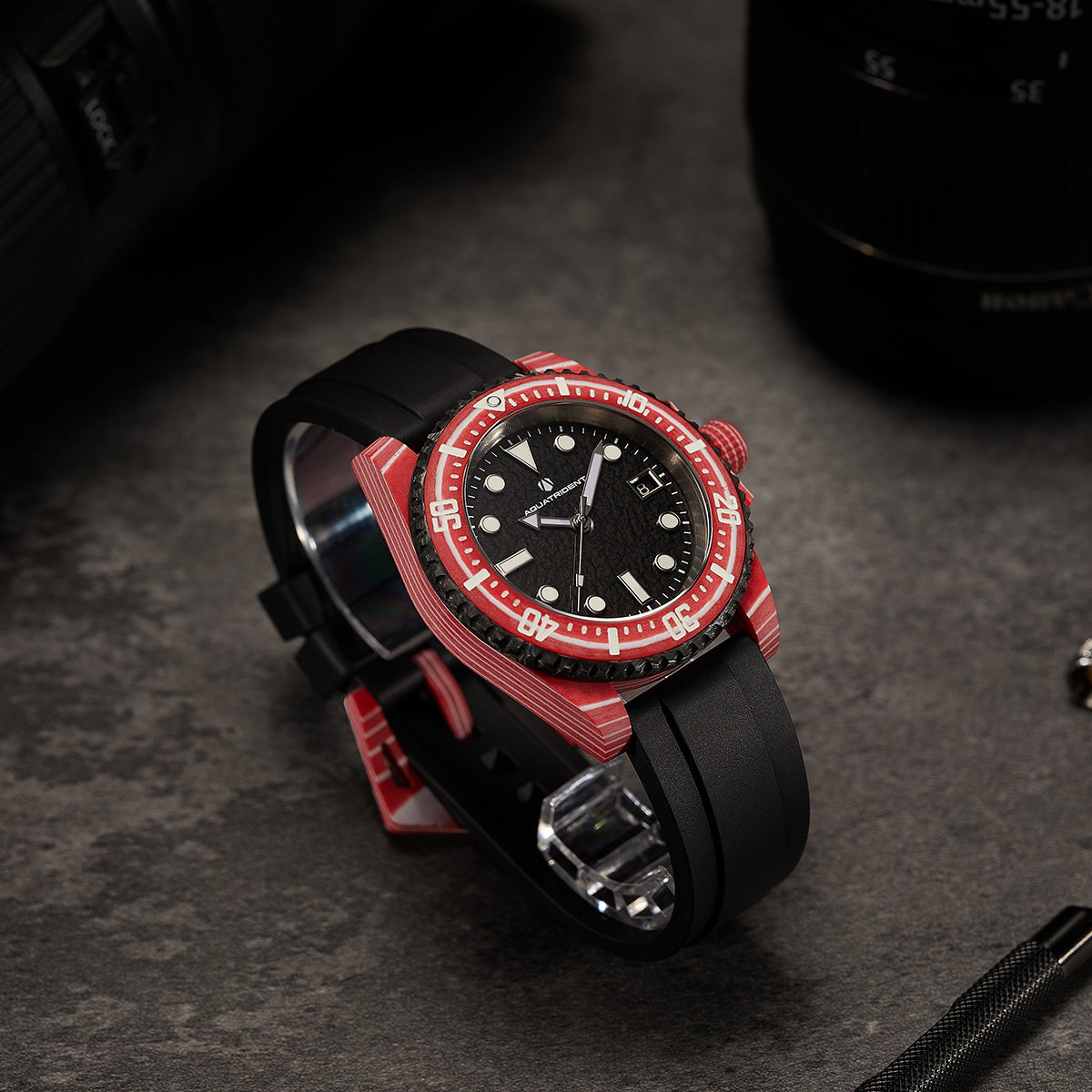 Neptune Carbon Fiber Watch, Black dial, red bezel/ Black Strap With Fluororubber, 40mm, AQ-23009-09