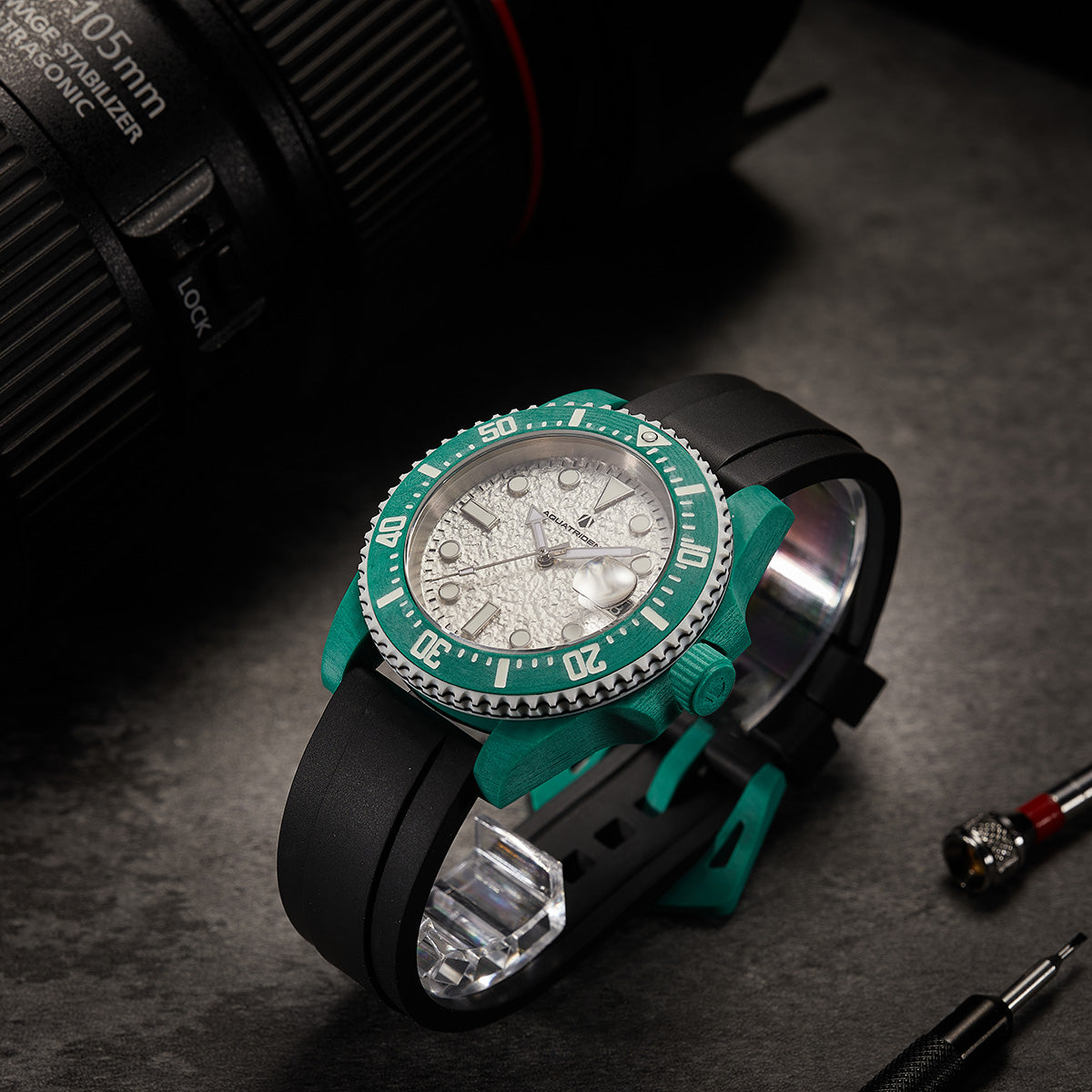 Neptune Carbon Fiber Watch, White dial, green bezel/ Black Strap With Fluororubber, 40mm, AQ-23009-10