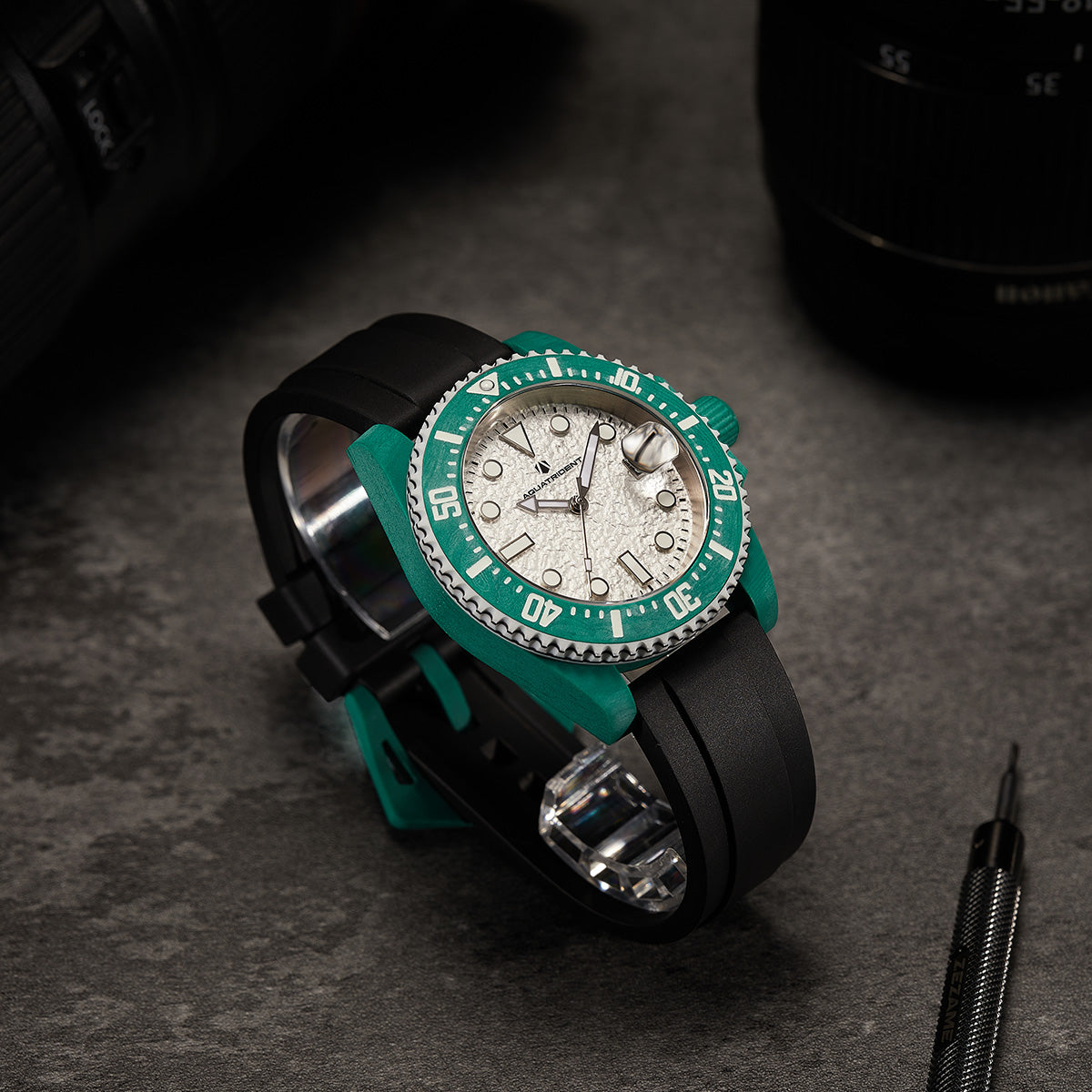 Neptune Carbon Fiber Watch, White dial, green bezel/ Black Strap With Fluororubber, 40mm, AQ-23009-10