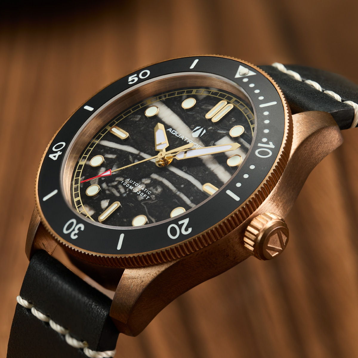 Atlantis Bronze Watch, Black marble Dial. Black Genuine Leather Strap.  AQ-23013-02A