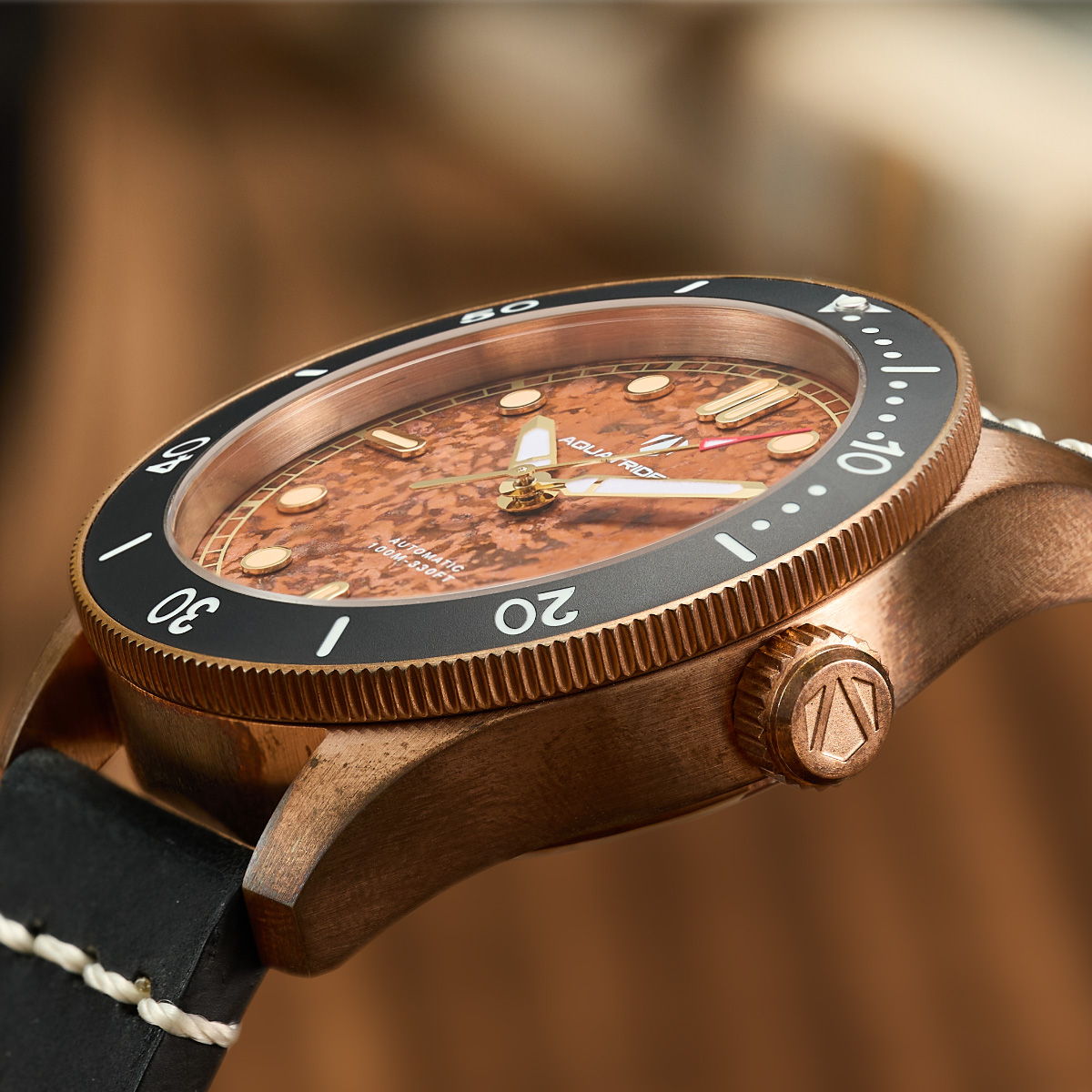 Atlantis Bronze Watch, Pyrotechnic stone Dial. Black Genuine Leather Strap.  AQ-23013-03A