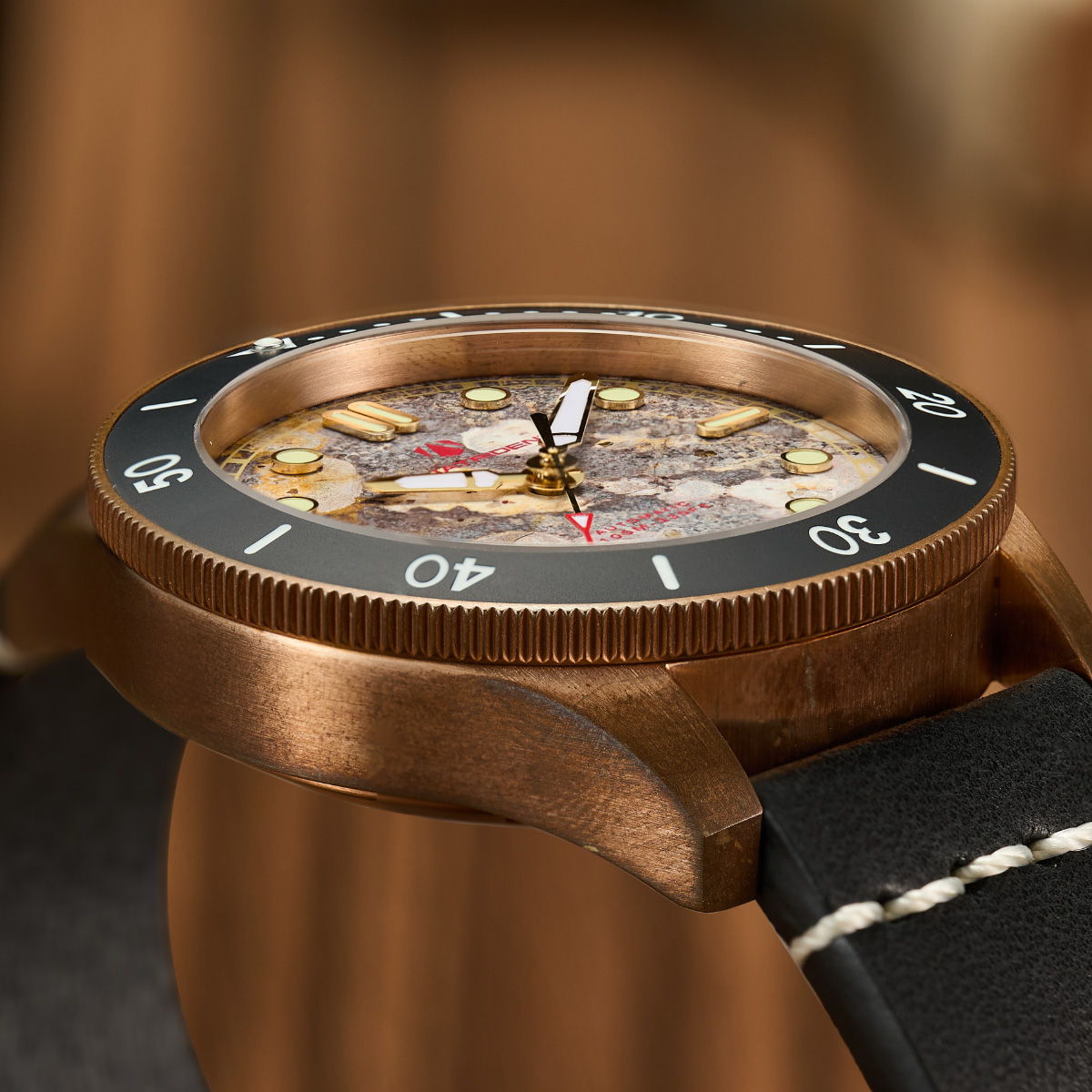 Atlantis Bronze Watch, Leopard stone Dial. Black Genuine Leather Strap.  AQ-23013-04A