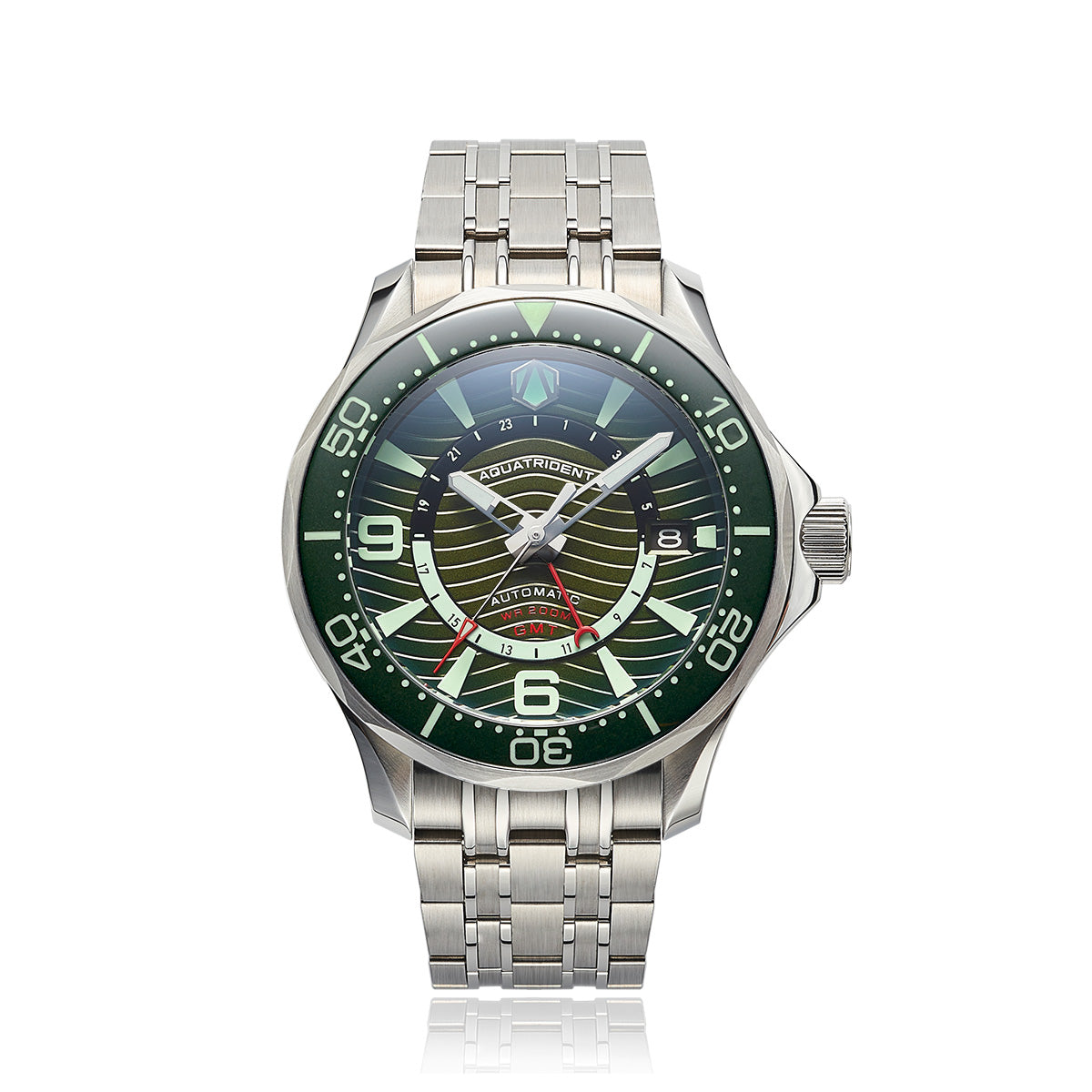 Mariner GMT Stainless Steel Watch. Semi-light gradient surface inside green Dial. AQ-24010-66