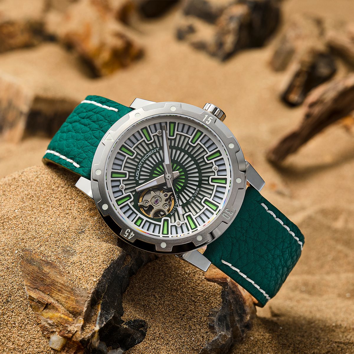 Montres de plongée Aquatrident AQ-22151-05, caoutchouc fluoré vert, résistant à l'eau 10 ATM, Ø40 mm 