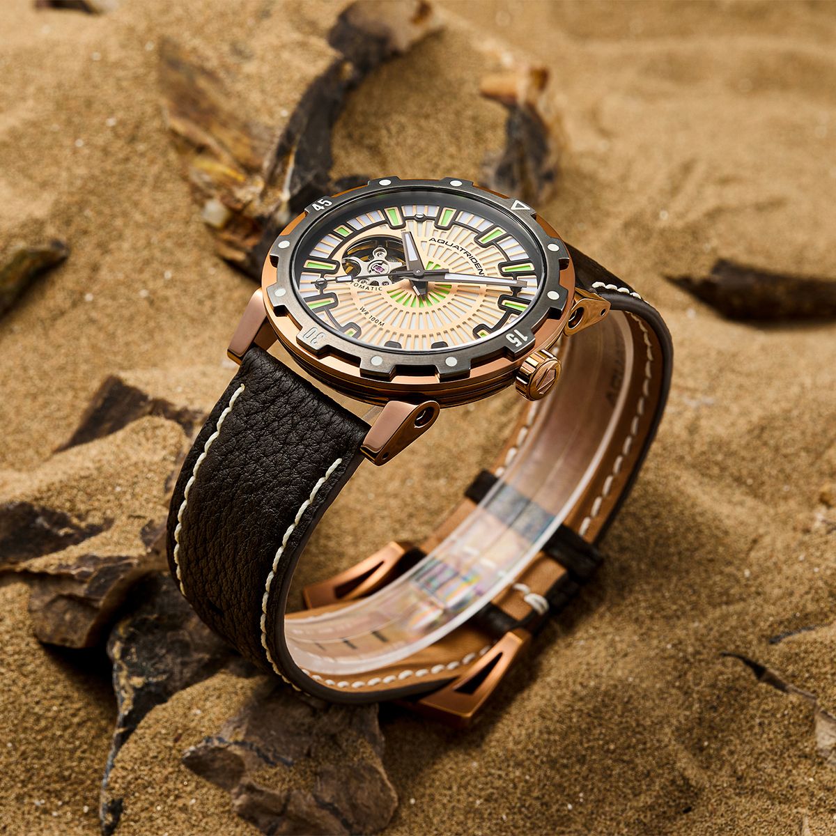 Horizon Watch. Full Lume Dial. Brown Fluororubber and Black Genuine Leather Strap. 43mm. AQ-23012-01