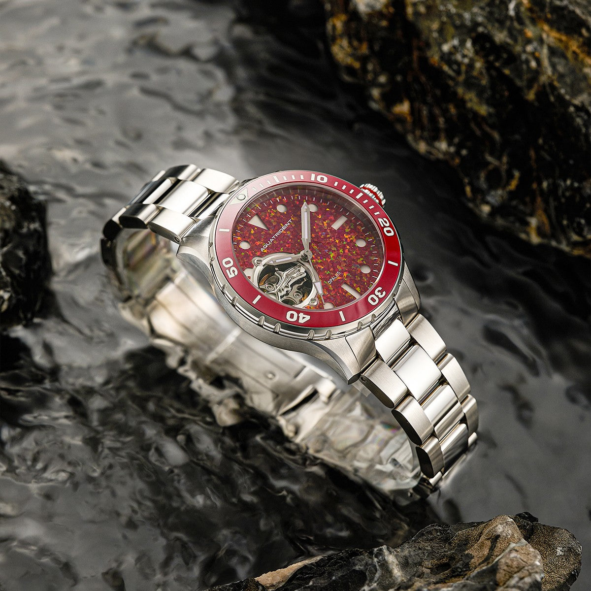 Shark Watch. Red Opal Dial. Stainless Steel Strap. 36mm. AQ-23001-03A