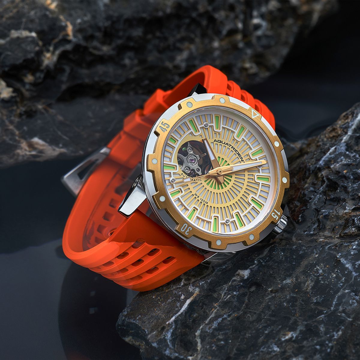 Montres de plongée Aquatrident AQ-22151-06, caoutchouc fluoré orange, résistant à l'eau 10 ATM, Ø40 mm 