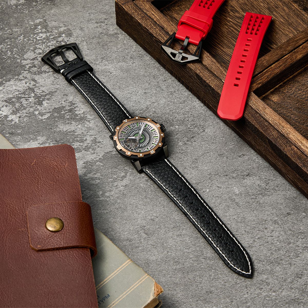 Horizon Watch. Full Lume Dial. Red Fluororubber and Black Genuine Leather Strap. 40mm. AQ-23006-03