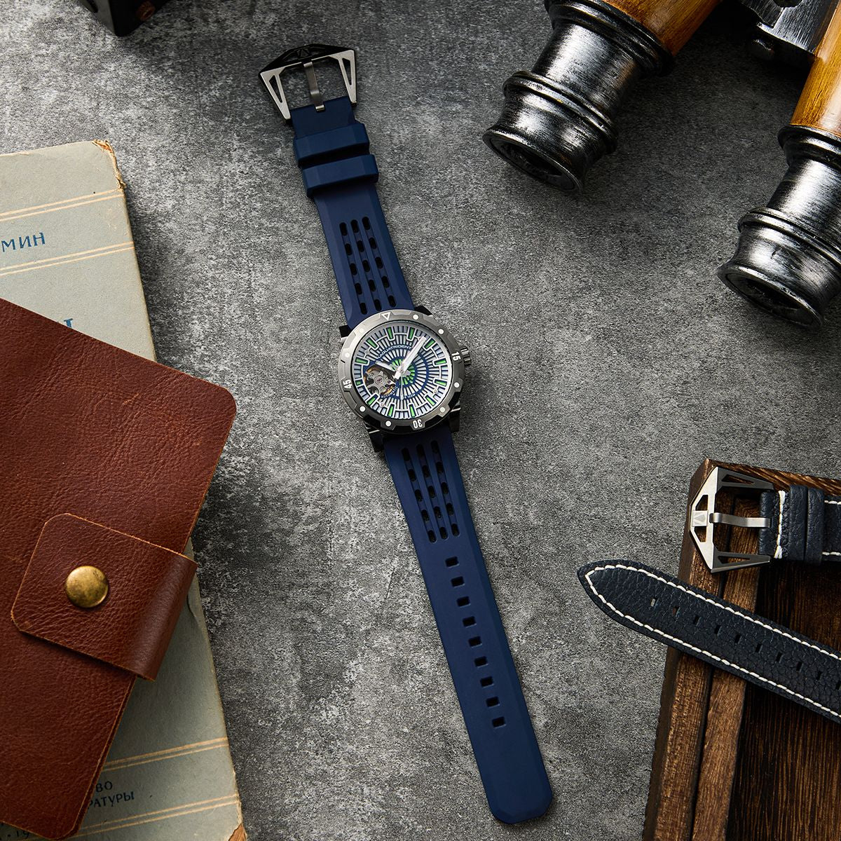 Horizon Watch. Full Lume Dial. Blue Fluororubber and Blue Genuine Leather Strap. 40mm. AQ-23006-04