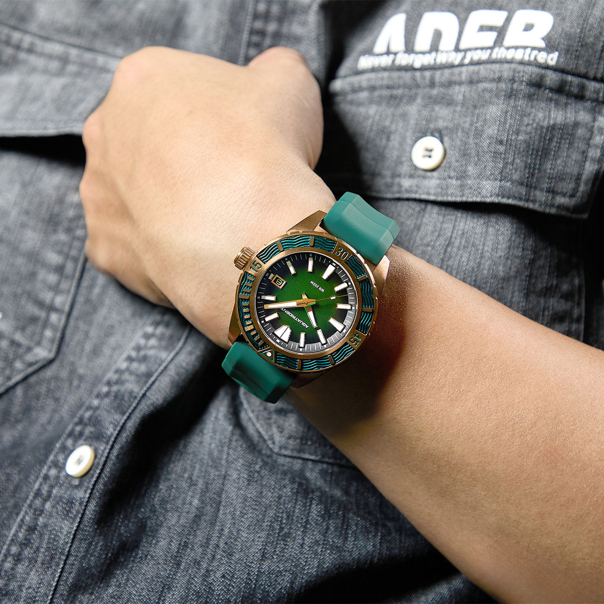 Helmsman Bronze Watch. Green Dial.  Genuine Leather Strap&Silicon Strap.  AQ-23007-04