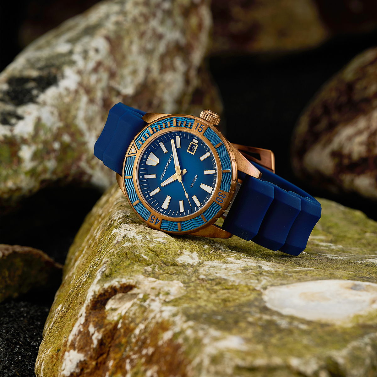 Helmsman Bronze Watch. Blue Dial.  Genuine Leather Strap&Silicon Strap.  AQ-23007-02