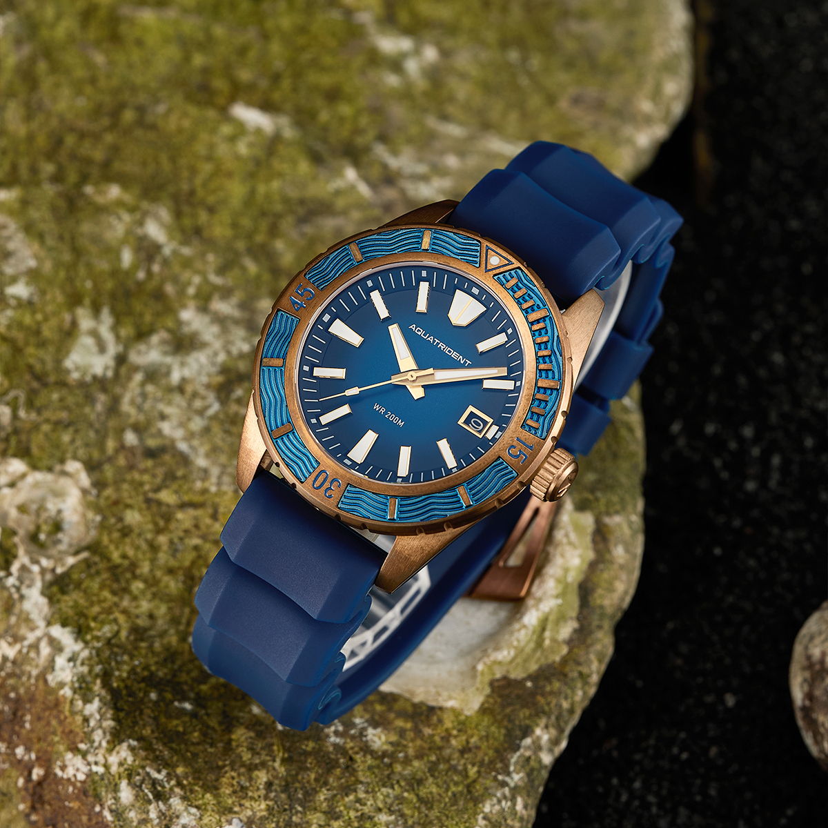 Helmsman Bronze Watch. Blue Dial.  Genuine Leather Strap&Silicon Strap.  AQ-23007-02