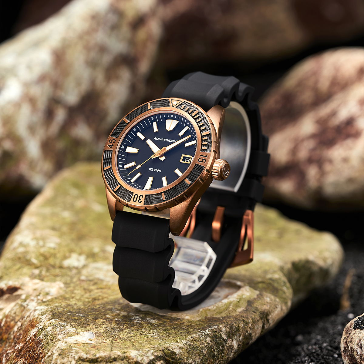 Helmsman Bronze Watch. Black Dial.  Genuine Leather Strap&Silicon Strap.  AQ-23007-01