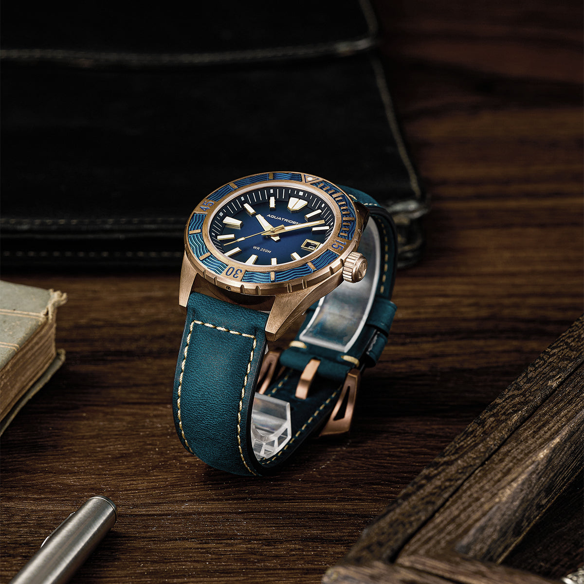 Helmsman Bronze Watch. Blue Dial.  Genuine Leather Strap&Silicon Strap.  AQ-23007-02