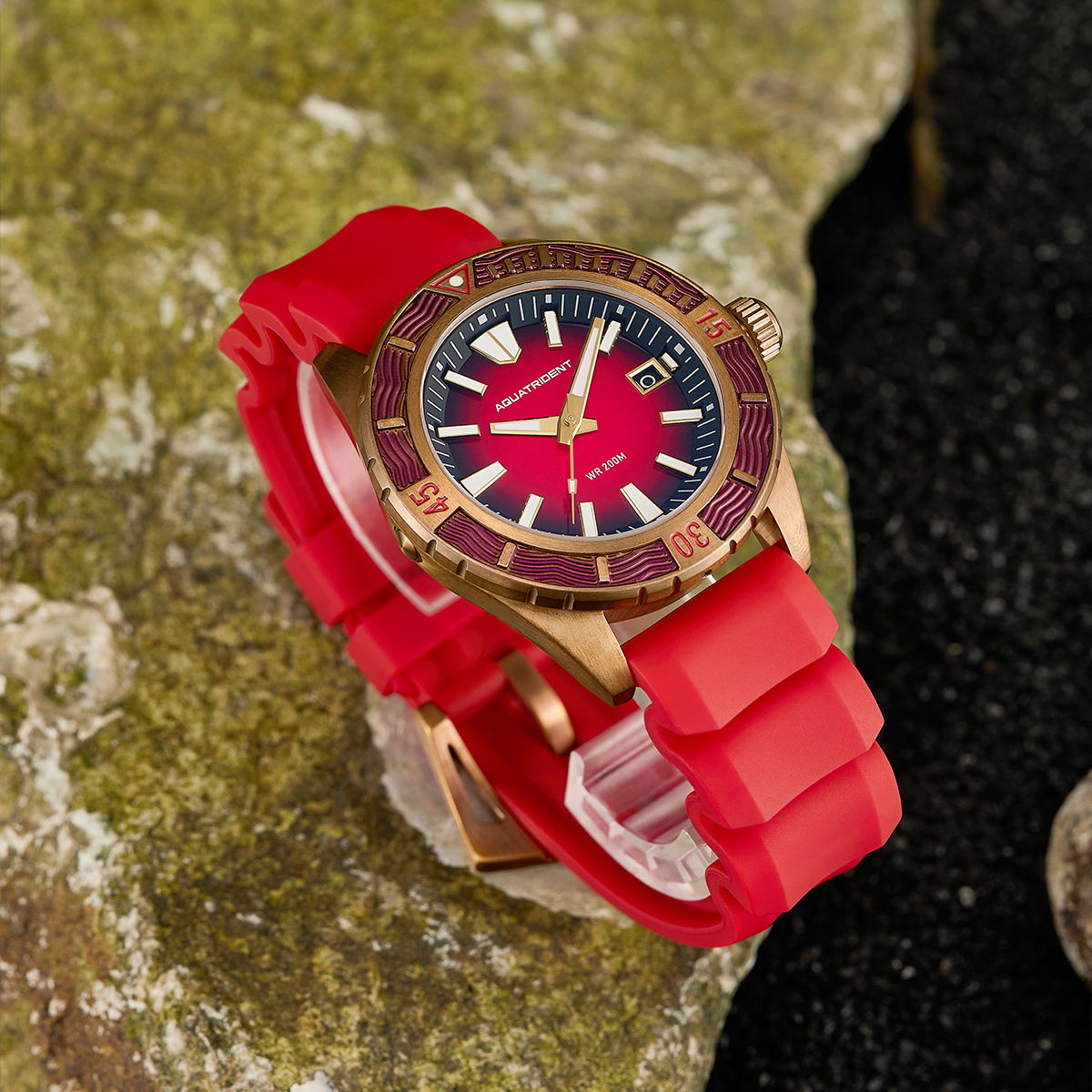 Helmsman Bronze Watch. Red Dial.  Genuine Leather Strap&Silicon Strap.  AQ-23007-03