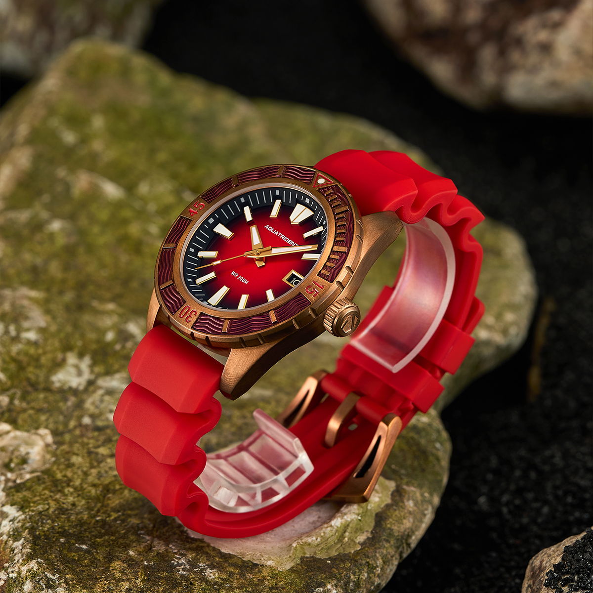 Helmsman Bronze Watch. Red Dial.  Genuine Leather Strap&Silicon Strap.  AQ-23007-03