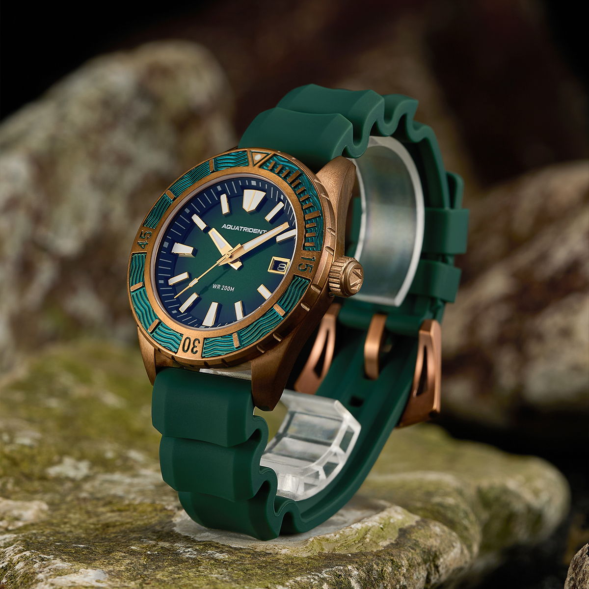 Helmsman Bronze Watch. Green Dial.  Genuine Leather Strap&Silicon Strap.  AQ-23007-04