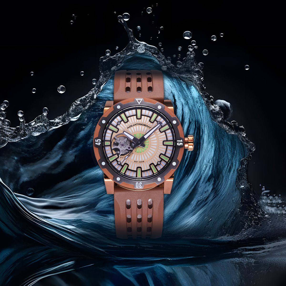 Relojes Aquatrident Diver AQ-22151-01, Caucho fluorado marrón, Resistente al agua 10 ATM, Ø40 mm