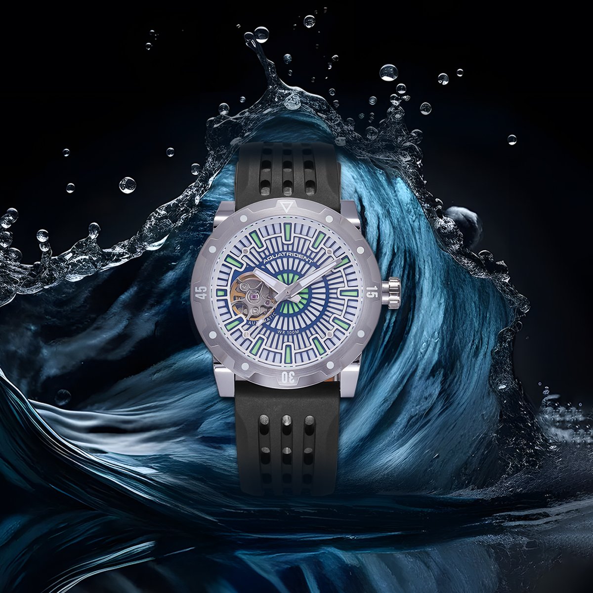 Relojes Aquatrident Diver AQ-22151-02, Caucho fluorado negro, Resistente al agua 10 ATM, Ø40 mm 