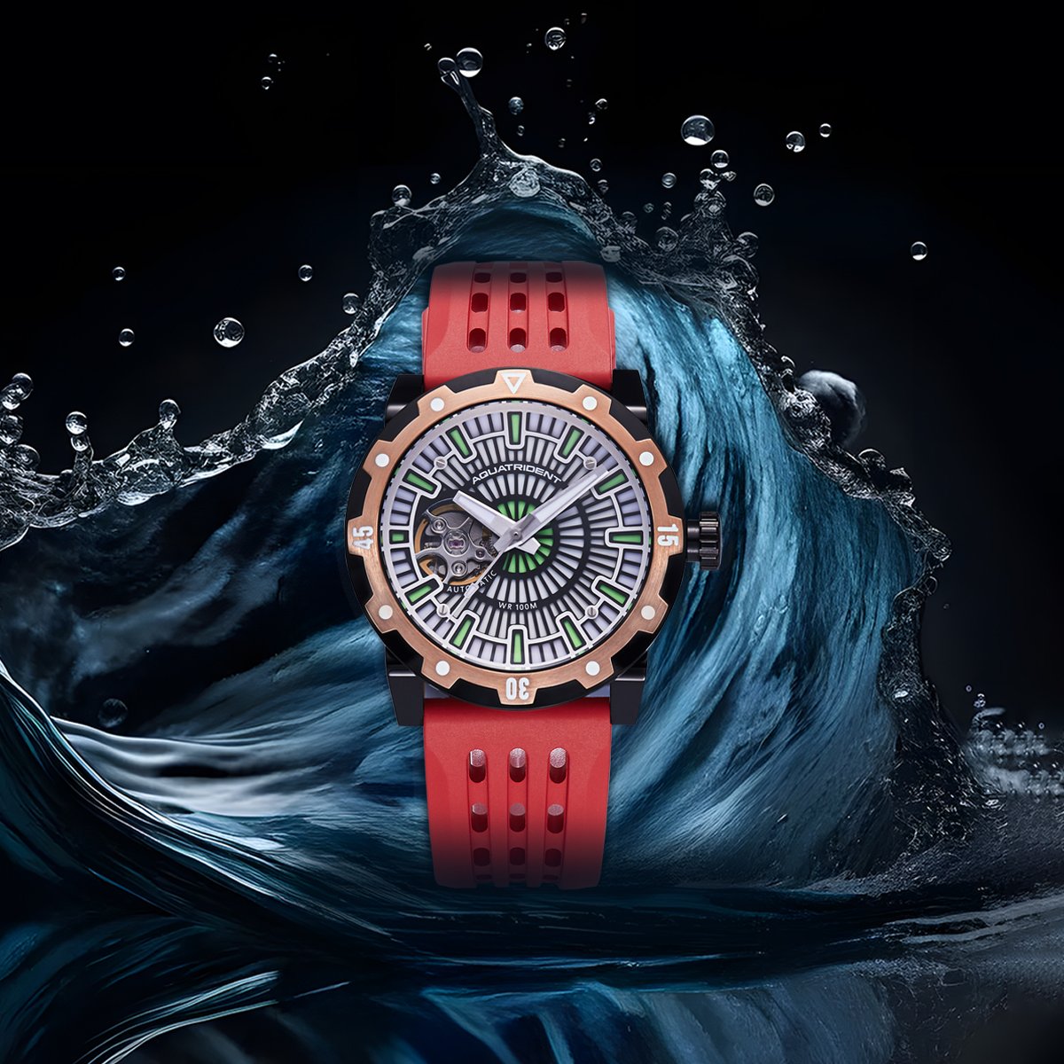 Relojes Aquatrident Diver AQ-22151-03, caucho fluorado rojo, resistente al agua 10 ATM, Ø40 mm 