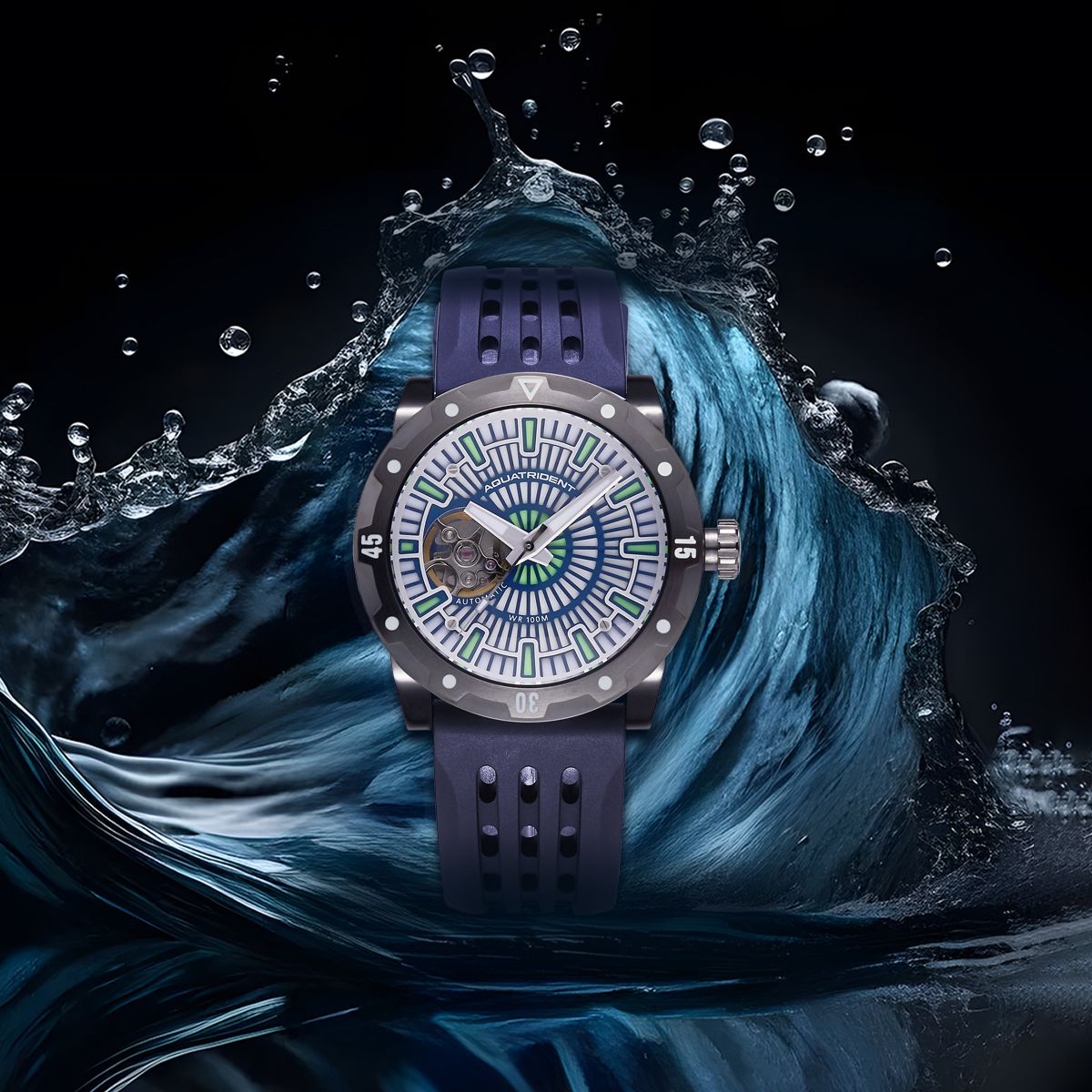 Relojes Aquatrident Diver AQ-22151-04, caucho fluorado azul, resistente al agua 10 ATM, Ø40 mm 