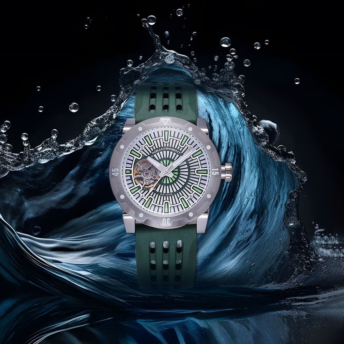 Relojes Aquatrident Diver AQ-22151-05, Goma fluorada verde, Resistente al agua 10 ATM, Ø40 mm 