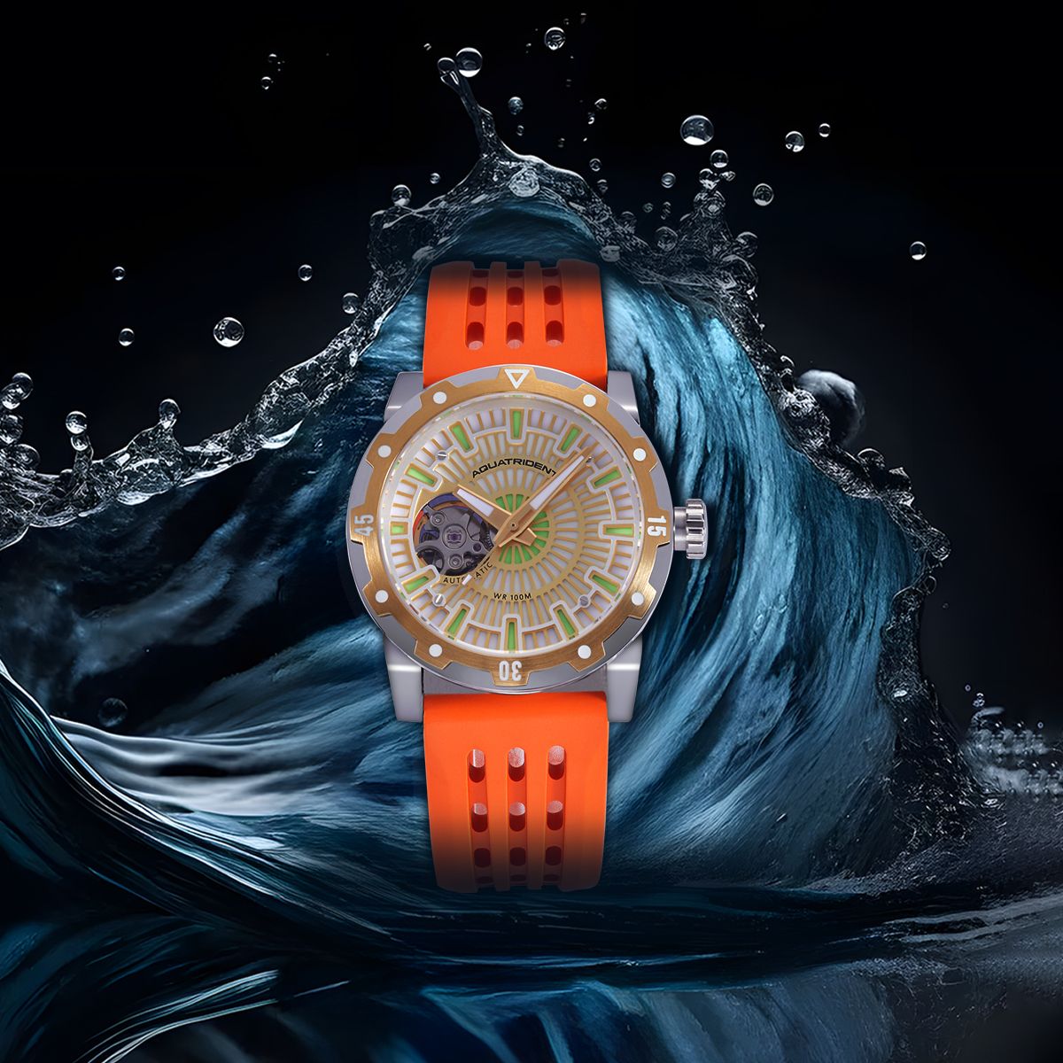 Relojes Aquatrident Diver AQ-22151-06, Goma fluorada naranja, Resistente al agua 10 ATM, Ø40 mm 