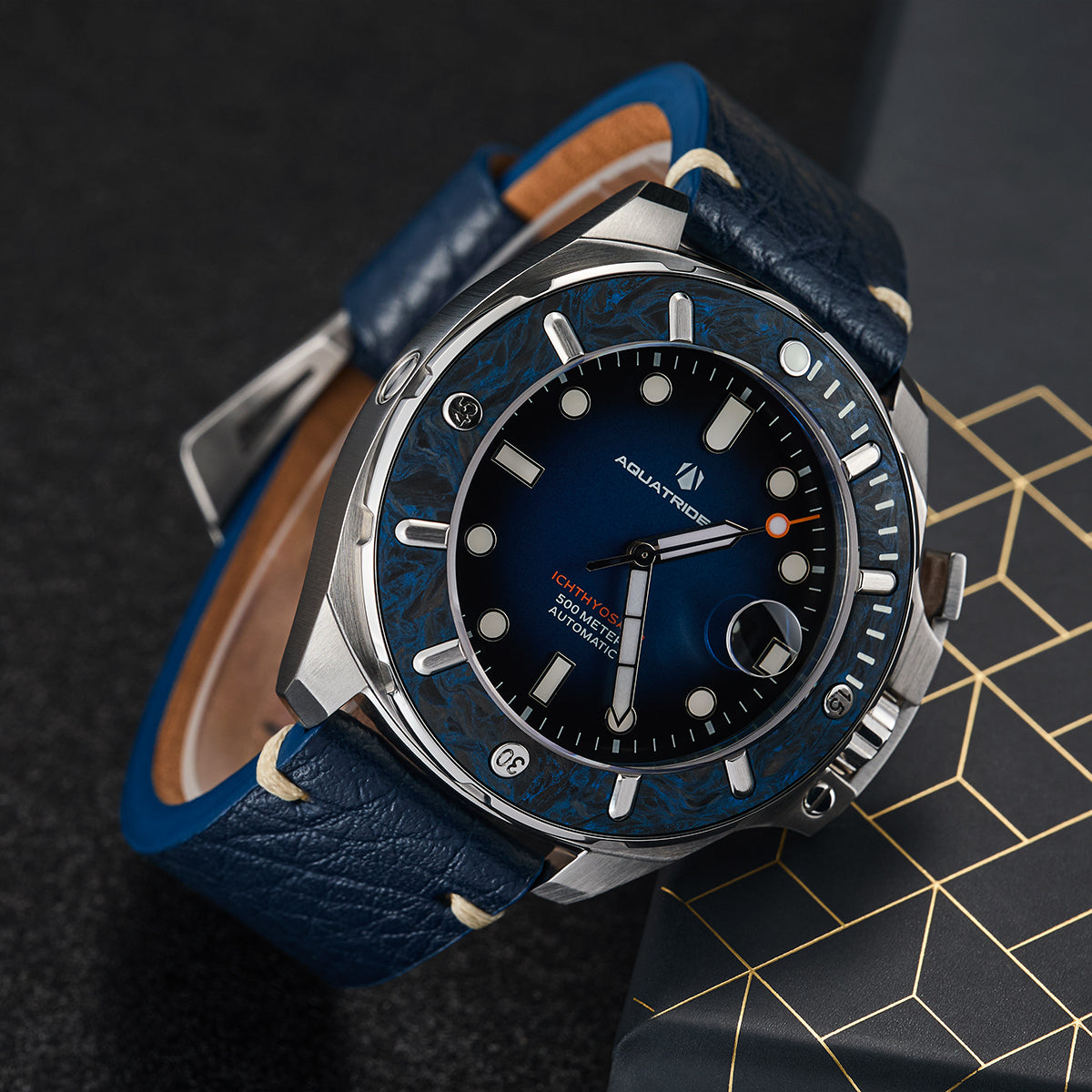 Montres de plongée Aquatrident AQ-23003-07, CUIR VÉRITABLE Bleu, résistant à l'eau 50ATM, Ø45mm