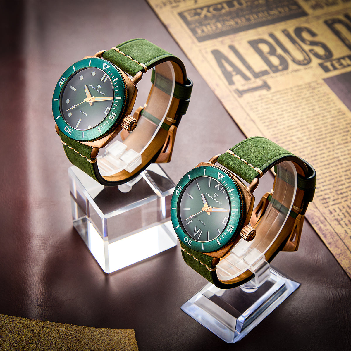 JAWS Bronze Watch. Green Roman Dial. 40mm. AQ-23008-01