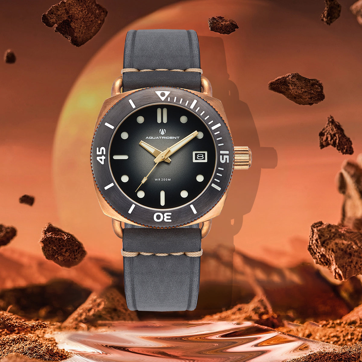 JAWS Bronze Watch. Black Dial/ Grey Genuine Leather 40mm. AQ-23008-06