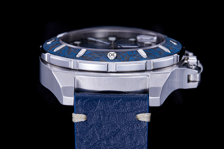 Montres de plongée Aquatrident AQ-23003-07, CUIR VÉRITABLE Bleu, résistant à l'eau 50ATM, Ø45mm