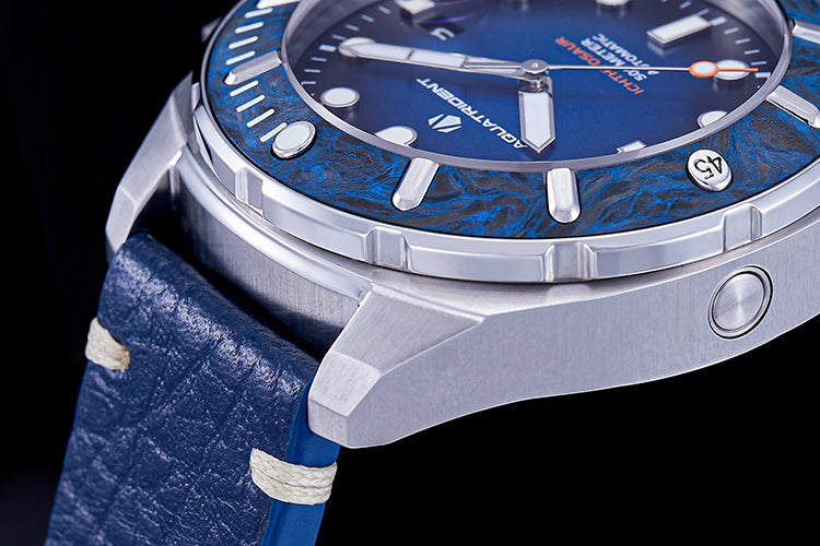 Montres de plongée Aquatrident AQ-23003-07, CUIR VÉRITABLE Bleu, résistant à l'eau 50ATM, Ø45mm