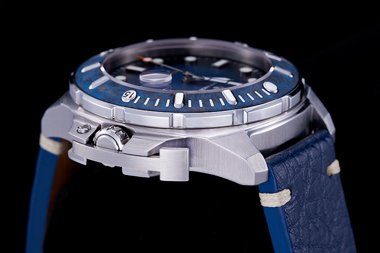 Montres de plongée Aquatrident AQ-23003-07, CUIR VÉRITABLE Bleu, résistant à l'eau 50ATM, Ø45mm