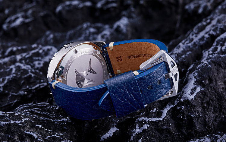 Montres de plongée Aquatrident AQ-23003-07, CUIR VÉRITABLE Bleu, résistant à l'eau 50ATM, Ø45mm