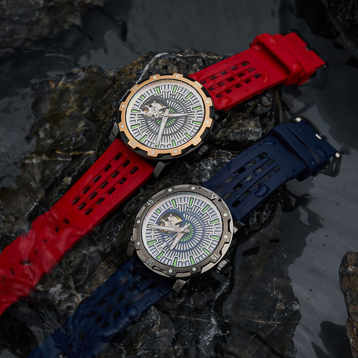 Montres de plongée Aquatrident AQ-22151-03, caoutchouc fluoré rouge, résistant à l'eau 10 ATM, Ø40 mm