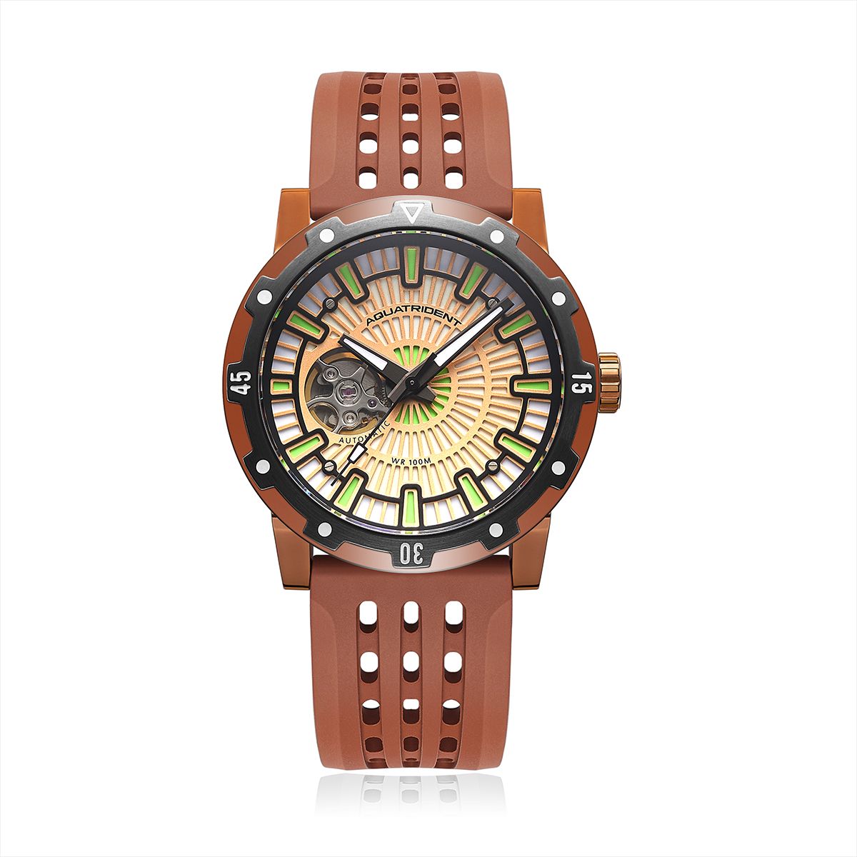 Montres de plongée Aquatrident AQ-22151-01, caoutchouc fluoré marron, résistant à l'eau 10ATM, Ø40mm