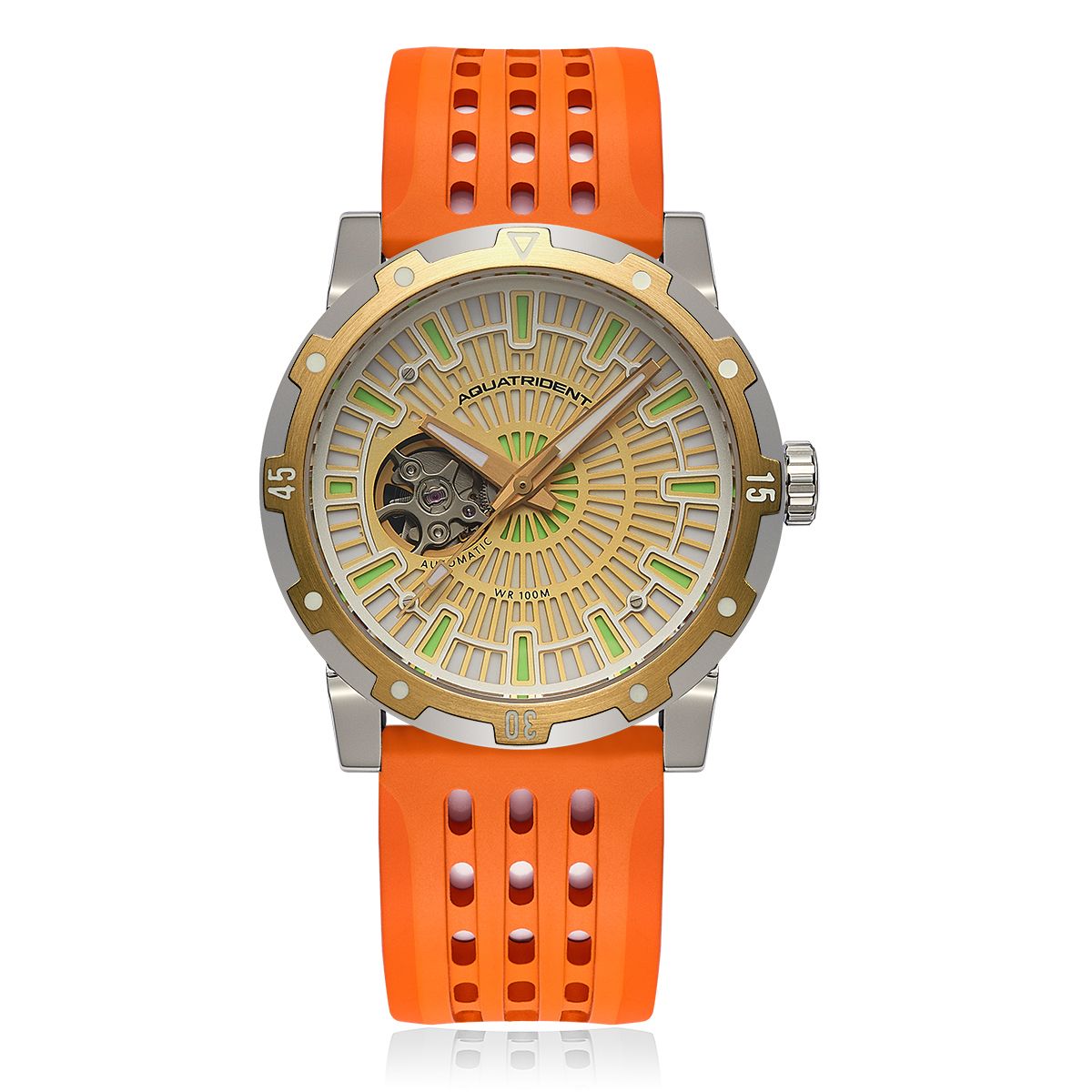 Montres de plongée Aquatrident AQ-22151-06, caoutchouc fluoré orange, résistant à l'eau 10 ATM, Ø40 mm 