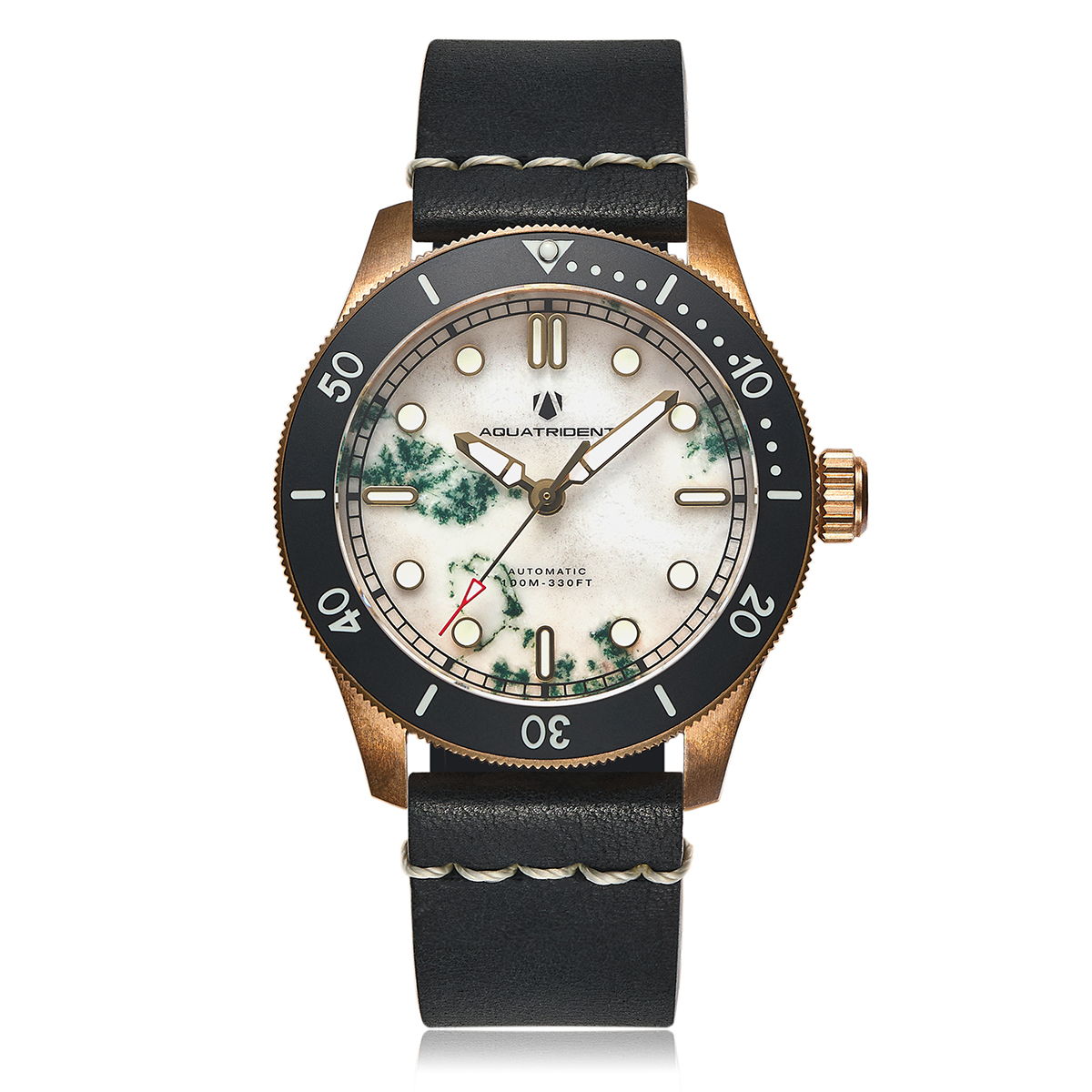 Atlantis Bronze Watch, Water grass agate Dial. Black Genuine Leather Strap.  AQ-23013-01A