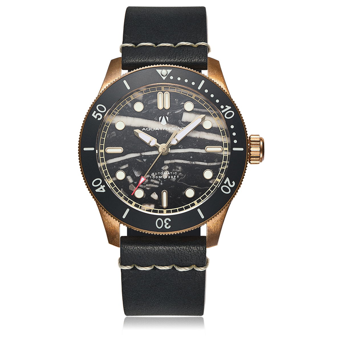 Atlantis Bronze Watch, Black marble Dial. Black Genuine Leather Strap.  AQ-23013-02A