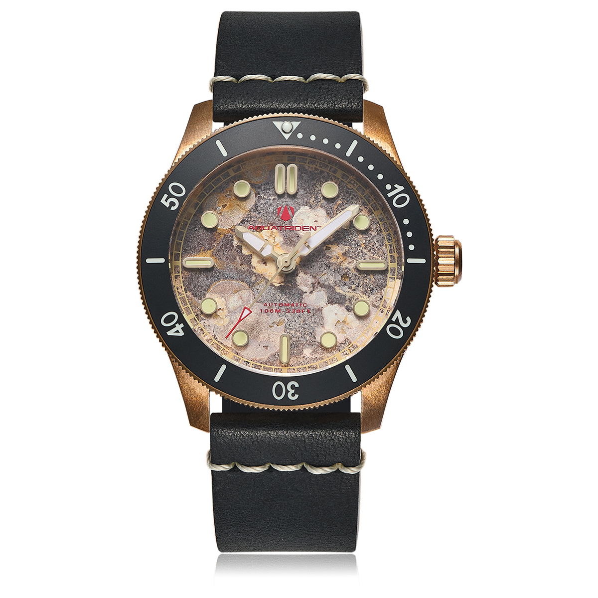 Atlantis Bronze Watch, Leopard stone Dial. Black Genuine Leather Strap.  AQ-23013-04A