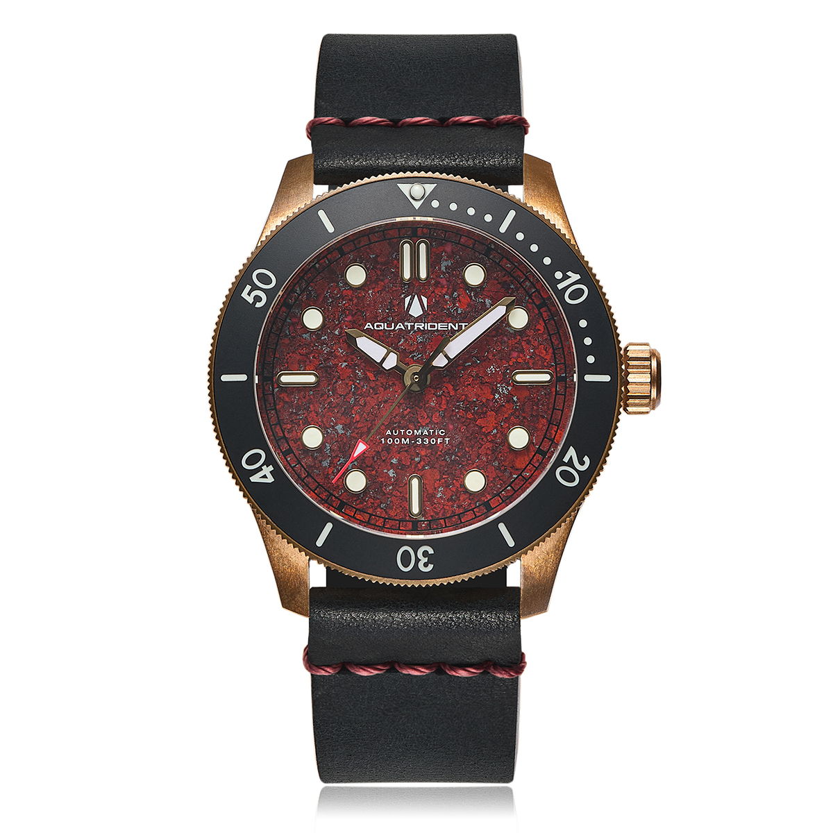 Atlantis Bronze Watch, Red ore Dial. Black Genuine Leather Strap.  AQ-23013-08A