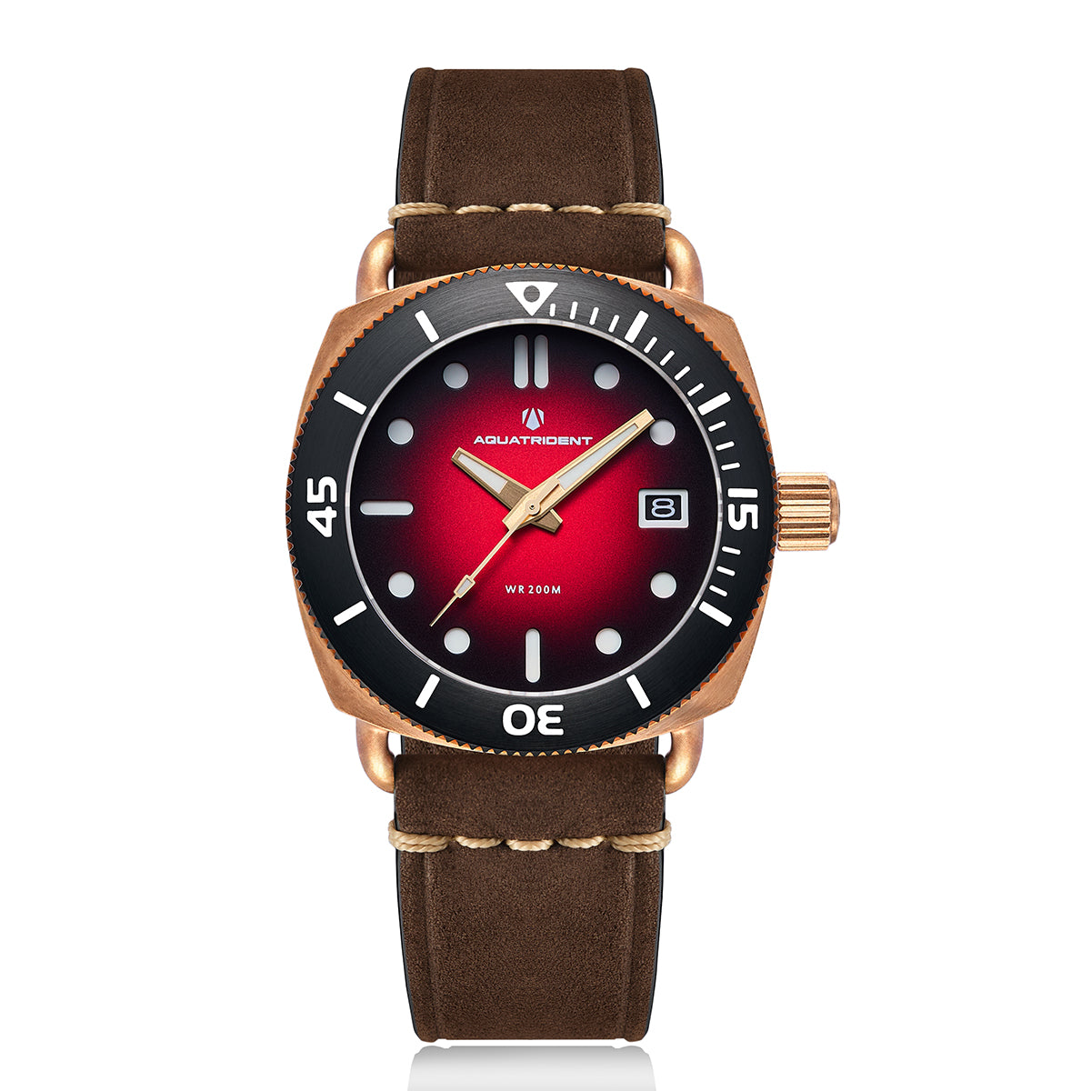 JAWS Bronze Watch. Red Dial/ Brown Genuine Leather 40mm. AQ-23008-07