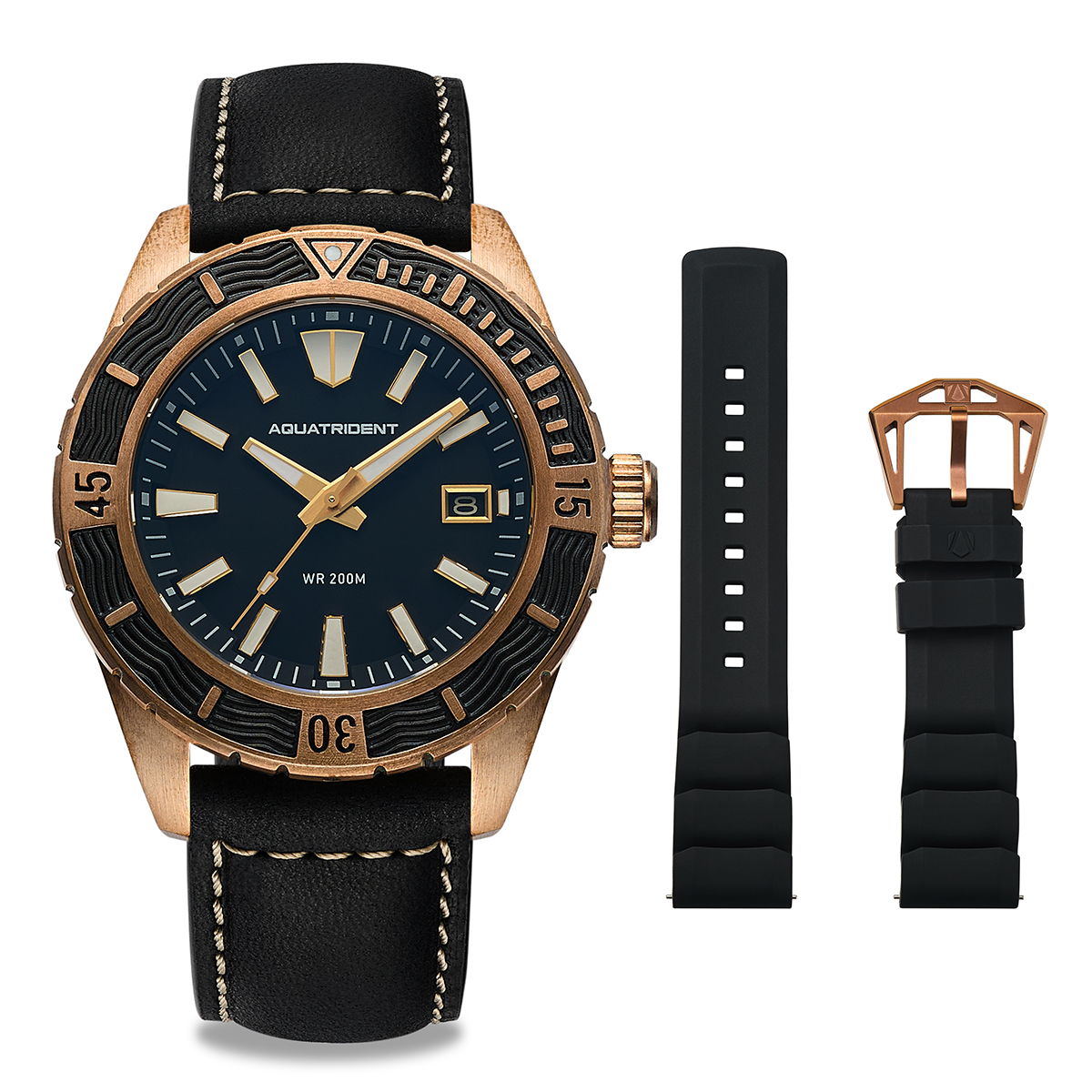 Helmsman Bronze Watch. Black Dial.  Genuine Leather Strap&Silicon Strap.  AQ-23007-01