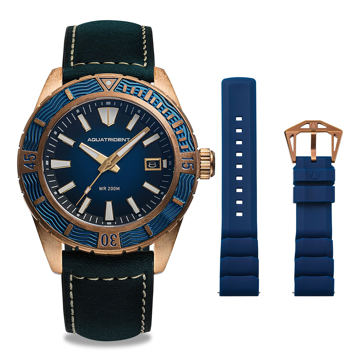 Helmsman Bronze Watch. Blue Dial.  Genuine Leather Strap&Silicon Strap.  AQ-23007-02