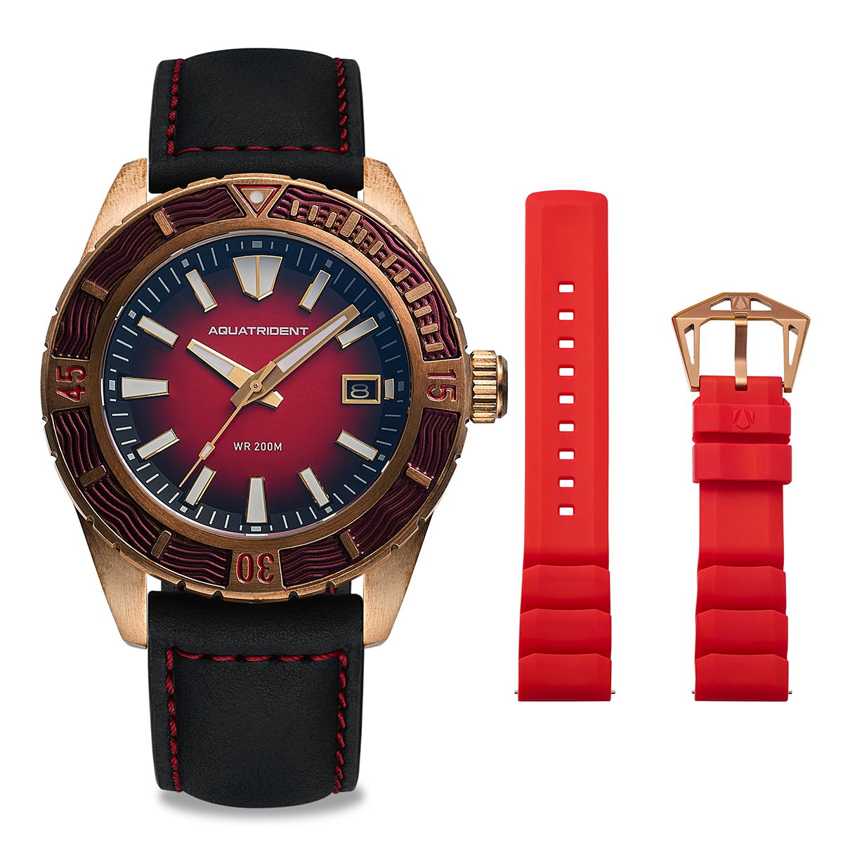 Helmsman Bronze Watch. Red Dial.  Genuine Leather Strap&Silicon Strap.  AQ-23007-03