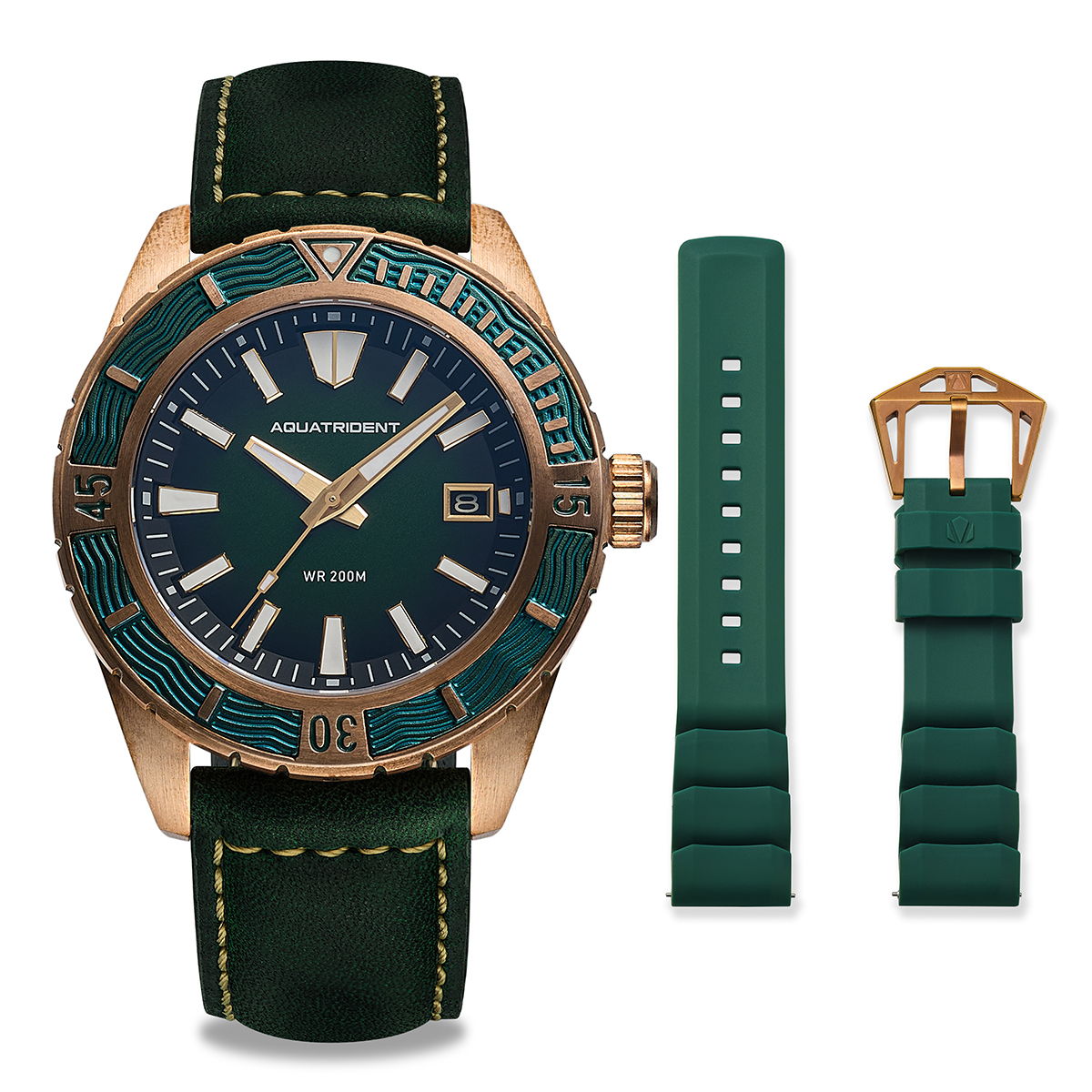 Helmsman Bronze Watch. Green Dial.  Genuine Leather Strap&Silicon Strap.  AQ-23007-04