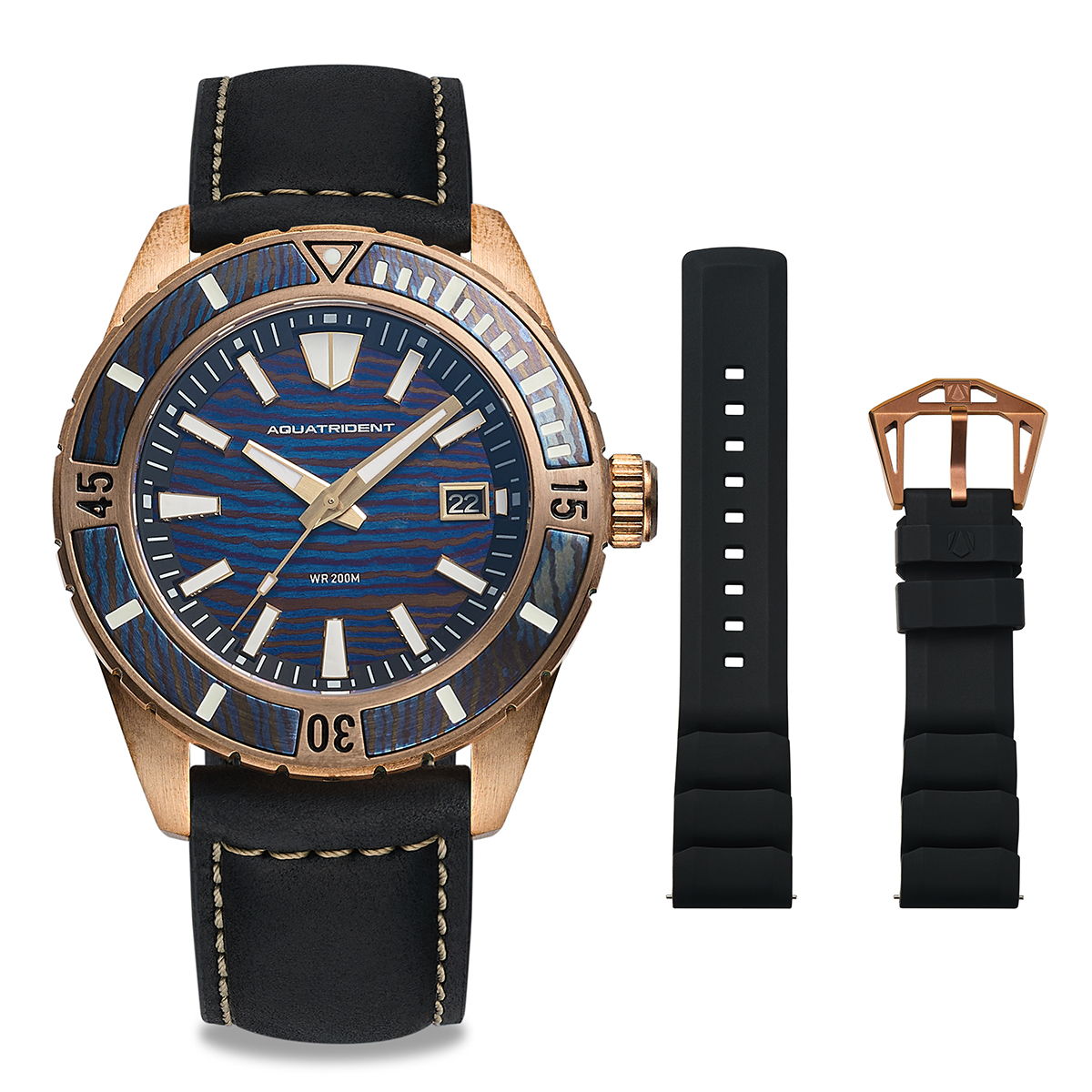 Helmsman Bronze Watch. Black Dial.  Genuine Leather Strap&Silicon Strap.  AQ-23007-05